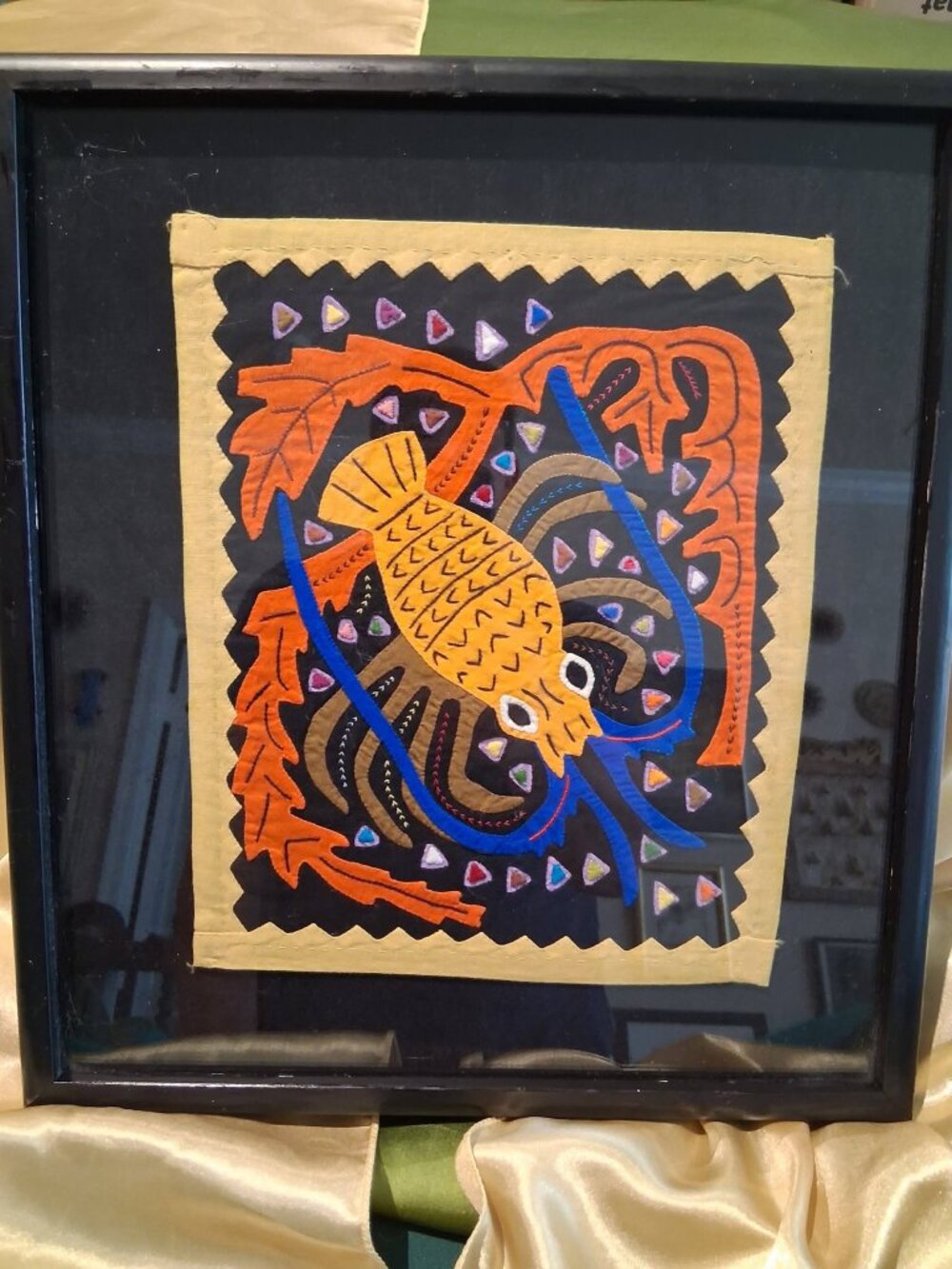 Vintage Framed Kuna Mola Textile Folk Art Fish Panel Custom Framed 14x12